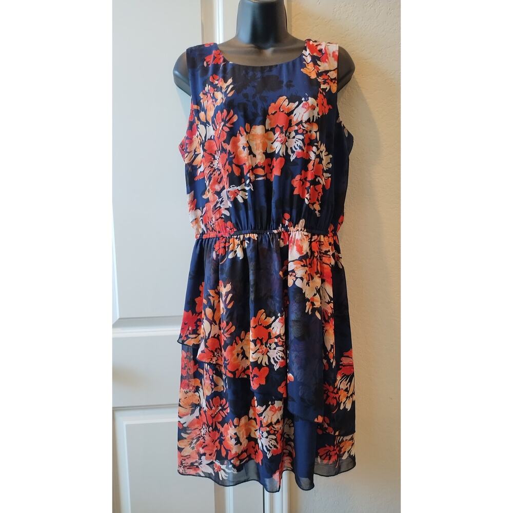 Enfocus  Studio Navy and Orange Floral Sleeveless Dress Sz 14